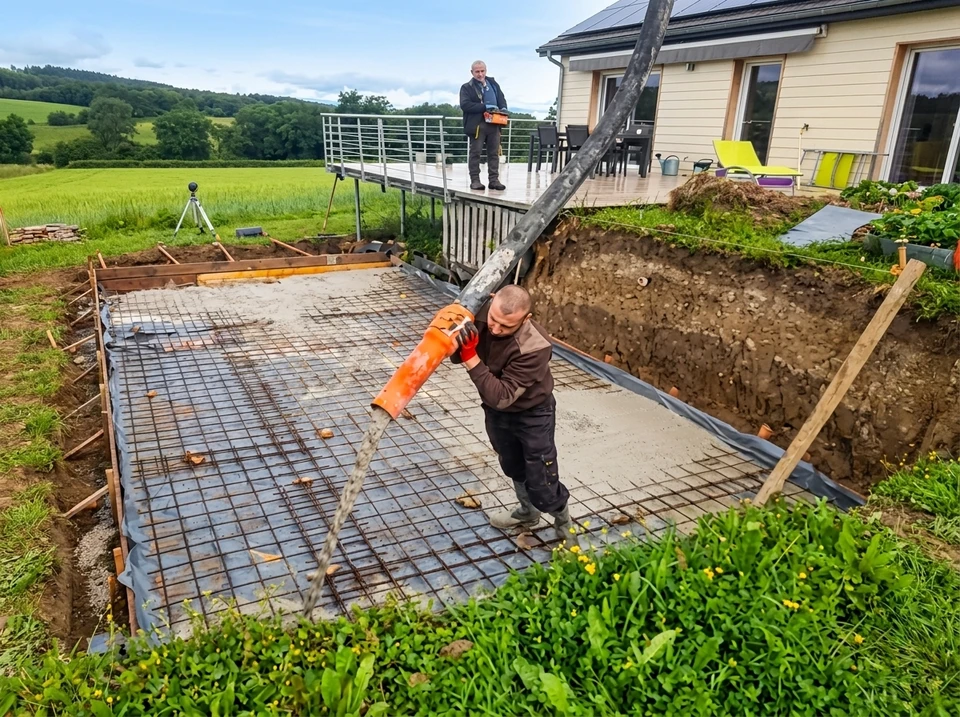 Coulage de dalle béton armé en extérieur