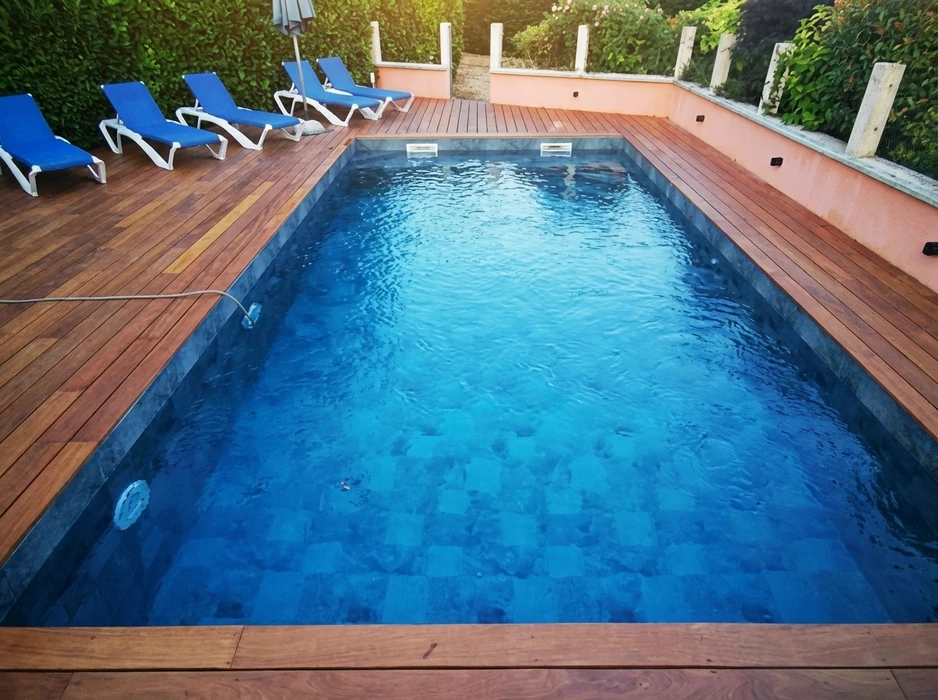 Piscine rectangulaire extérieure avec margelles en deck bois exotique type ipé, revêtement intérieur en carrelage bleu foncé, eau cristalline