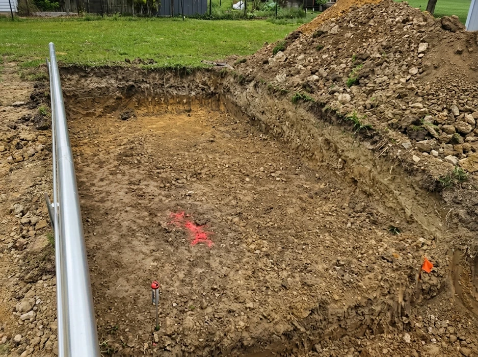 Excavation rectangulaire en chantier extérieur, sol argileux et rocailleux