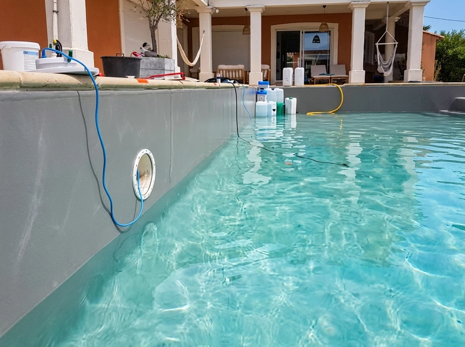Piscine extérieure avec eau cristalline bleu turquoise, échelle métallique chromée intégrée au rebord