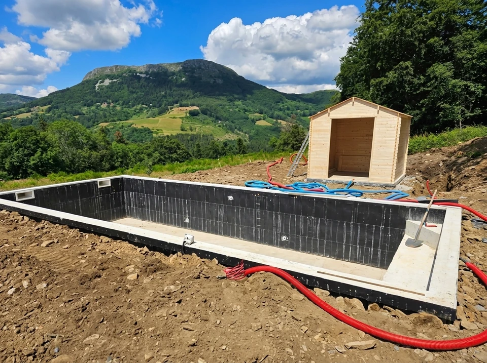 Piscine rectangulaire en cours de construction, extérieur, sans personnages