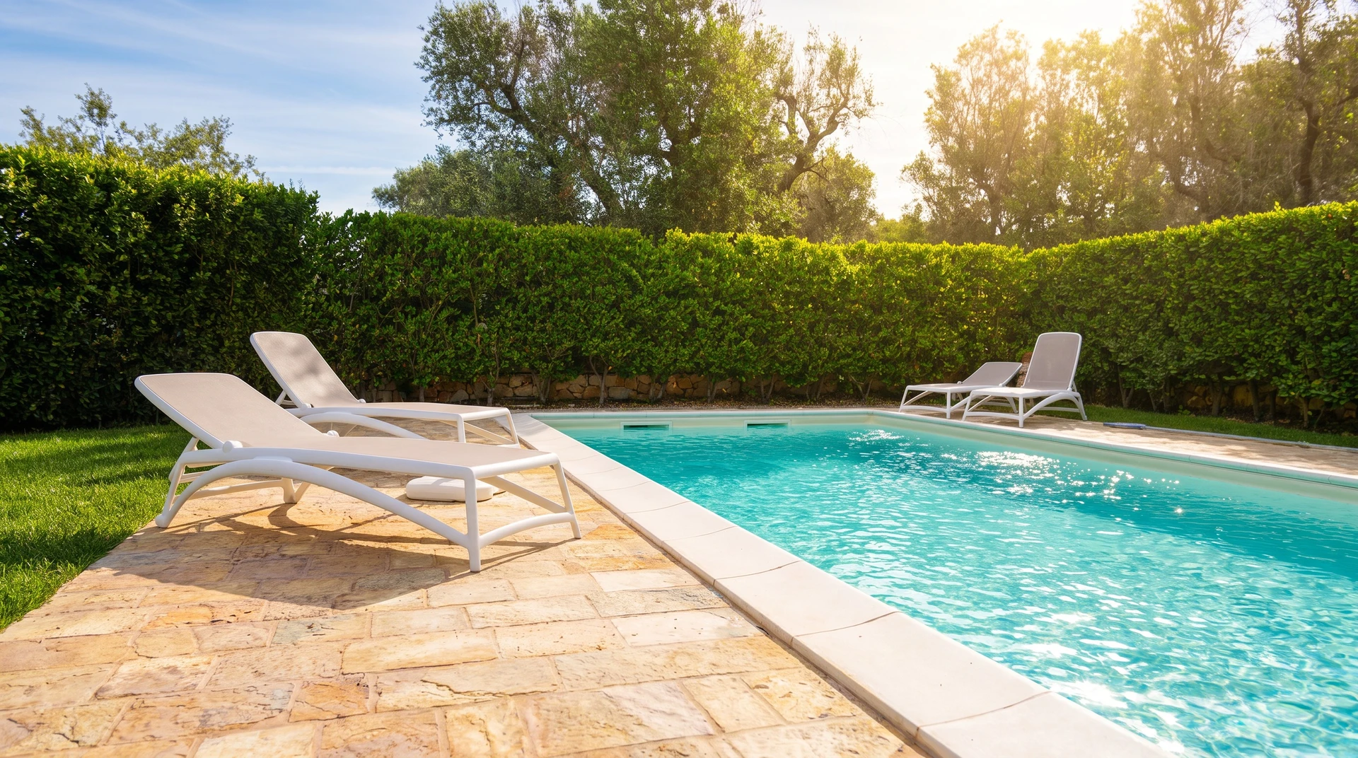 Piscine extérieure rectangulaire aux formes arrondies dans jardin résidentiel privé