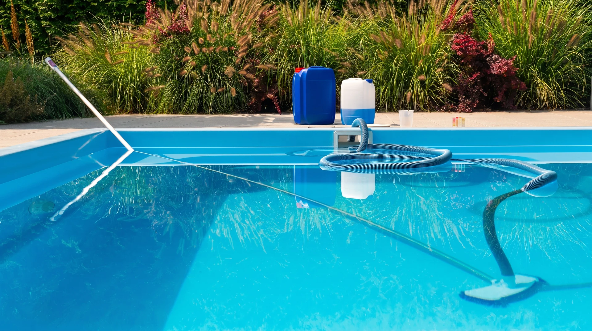 Piscine résidentielle avec aspirateur automatique de piscine en fonctionnement