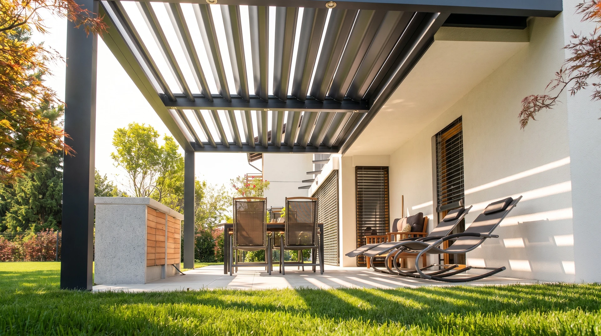 Terrasse extérieure couverte d'une pergola en bois avec salon de jardin contemporain