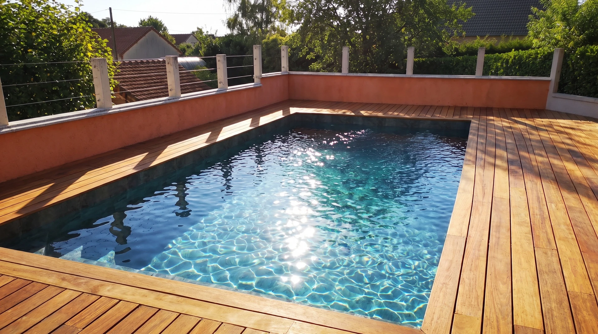 Espace extérieur avec piscine turquoise et terrasse en bois exotique